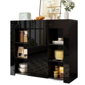 OEM Credenza Moderna Nera Con Frontale Lucido - Soluzione Compatta Ed Elegante Con Ripiani In Vetro E Anta Per Soggiorno, Sala Da Pranzo O Cucina - 95x35x