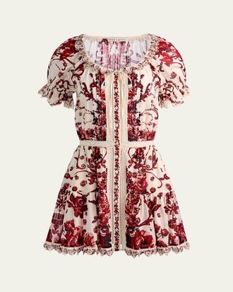 Alice & Olivia McLaine Embroidered Puff-Sleeve Mini Dress