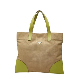 Prada Beige Green Canvas Leather Handbag Tote Bag (Pre-Owned)