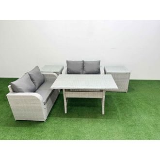 Fimous 4 Seater Outdoor Love Sofa Set Rattan Garden Furniture Set with Rectangular Dining Table 2 Side Tables Light Grey - Fimous