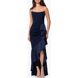 Betsy & Adam Satin Ruffle Detail Strapless Scuba Crepe Corset Gown in Navy at Nordstrom, Size 14