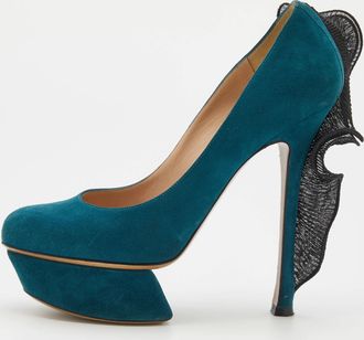 Nicholas Kirkwood Teal Blue/black Suede And Ruffle Fabric Platform Pumps