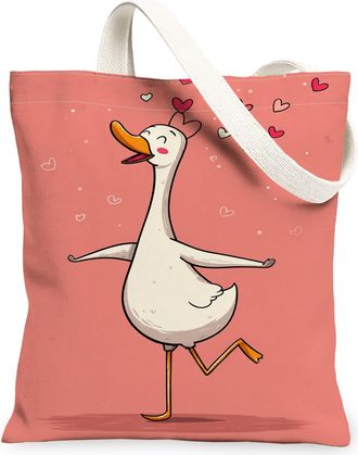 Generic Cute Duck Canvas Tote Bags, Playful Animal Pattern Reusable Grocery Bags, Lightweight Washable Shoulder Strap Canvas for Sh, Peach, 13x15 Inch