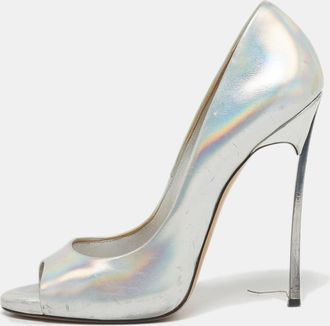 Casadei Silver Leather Peep Toe Pumps