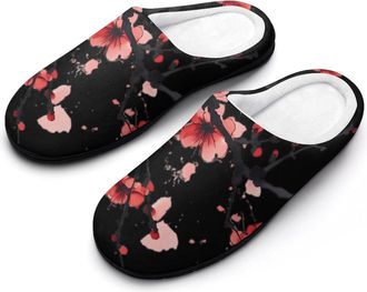 Generic Red Blossoming Flowers Cherries Mens Slippers Slip On Comfortable Fleece Cotton House Shoes Winter