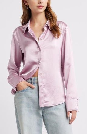 Open Edit Long Sleeve Satin Button-Up Shirt in Purple Dawn at Nordstrom Rack, Size Small