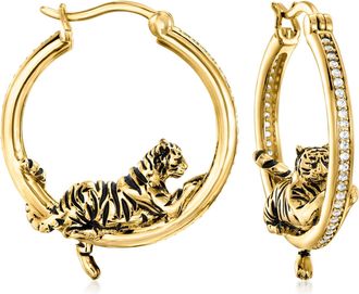 Ross-Simons White Topaz and Black Enamel Tiger Hoop Earrings in 18kt Gold Over Sterling