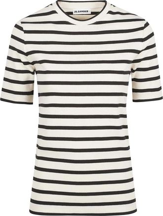Jil Sander Fijn Geribbelde Gestreepte T-Shirt - Dames - T-shirts - Wit - L - Katoen - Tops