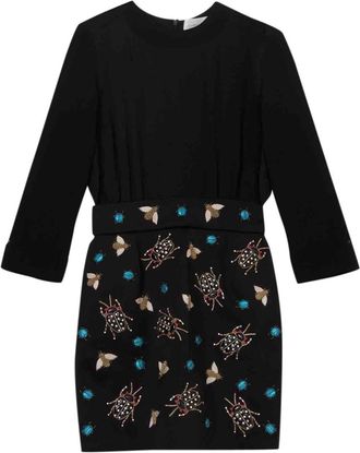 Victoria Beckham Black Silk Satin & Navy Crepe Insect Embellished Short Dress Size S