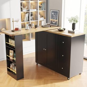 Merax Multi-functional Kitchen Island Trolley with Rotating Bar Table in Black