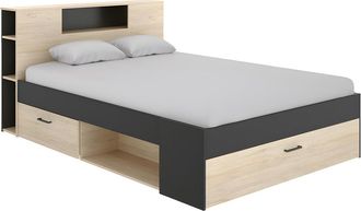 Vente-Unique Cama con cabecero con compartimentos y cajones - 160x200 cm - Color: natural y antracita - LEANDRE