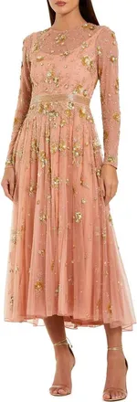 Mac Duggal Beige Beaded Long Sleeve A Line Midi Dress in Peach at Nordstrom, Size 16
