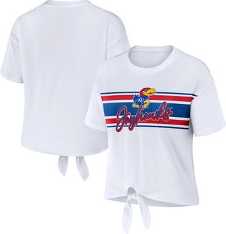 WEAR by Erin Andrews Womens WEAR by Erin Andrews White Kansas Jayhawks Striped Front Knot Cropped T-Shirt at Nordstrom, Size Xx-Large