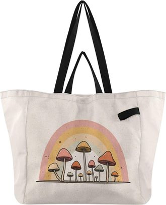Generic Mushroom Rainbow Beige print Reusable Canvas Tote Bag, Heavy Duty Grocery Shopping Bag with Large Capacity Hard Bottom Double Handles Work Groceries T