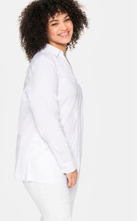 Sheego Hemdbluse SHEEGO, Damen, Gr. 40, weiss (wei&szlig;), 70% Baumwolle, 27% Polyamid, 3% Elasthan, unifarben, V-Ausschnitt, Blusen Hemdbluse