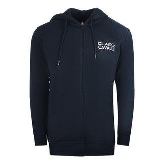 Cavalli Marineblauwe hoodie met rits en Cavalli-klasse omgekeerd logo
