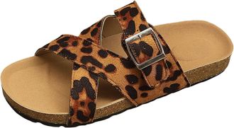 Generic Ladies Slippers Casual Flat Bottomed Buckle Sandal Leopard Print Open-Toe Solid Color Casual Shoes For Women Uk Breathable Non-Slip Slipper Work From 