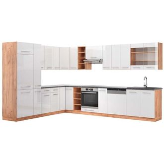 Vicco Cucina angolare completa Fame-Line, Bianco lucido/oro power oak, 347 x 257 cm, pl Antracite