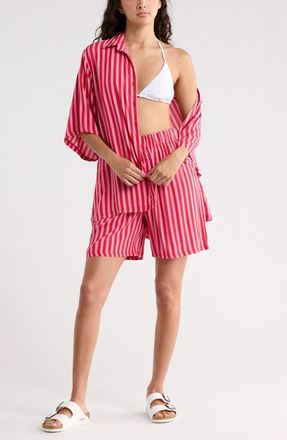 Abound Easy Printed Cover-Up Shirt & Shorts Set in Red Saucy- Pink Stripe at Nordstrom Rack, Size X-Small