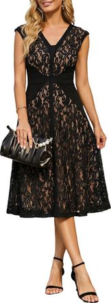 Ever-pretty Womens Lace Cocktail Dress V-Neck Sleeveless Fit Flare Party Dresses for Formal Wedding Guest Black 18
