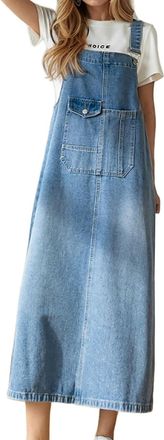 Generic Womens Casual Suspender Dress Loose Sleeveless Denim Overall Jumpsuit Long Pinafore Dungarees with Adjustable Straps and Pockets, Comfort Fit Long Len