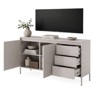 Dmora Credenza Hatomo, Aparador 3 Cajones, 2 Estantes, Puerta Batiente, Corredera, 154x40x81h Cm Beige