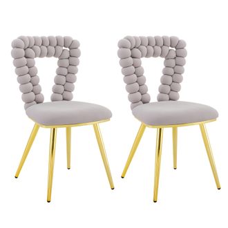 STILVORA Silla De Comedor En Terciopelo, Respaldo Geom&eacute;trico Calado, Patas De Metal, Juego De 2, Gris Claro Para Sal&oacute;n Y Recibidor