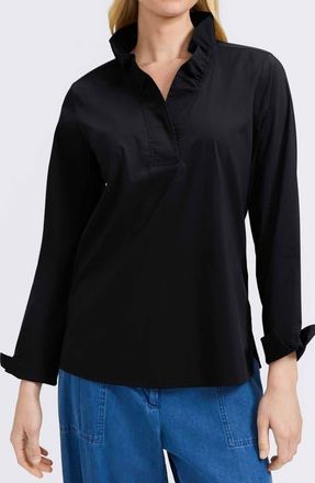 Foxcroft Tammy Ruffle Collar Cotton Blend Top in Black at Nordstrom, Size X-Large