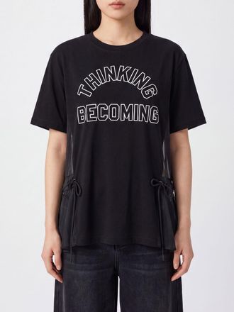 sacai T-shirt in cotone con inserti in chiffon e coulisse in vita