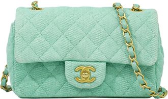 Chanel Classic Single Flap Top Handle Quilted Tweed With Sequins Green Denim_Jeans Handbag (Pre-Owned)