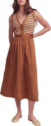 Boden Mira Zip Front Mixed Media Midi Dress in Ginger And Ivory Stripe at Nordstrom, Size 10