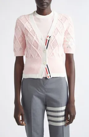 Thom Browne 4-Bar Argyle Pointelle Stitch Short Sleeve Cardigan in Light Pink at Nordstrom, Size 46