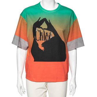 Chlo&eacute; Orange & Green Ombre Cotton Logo Printed T-Shirt M
