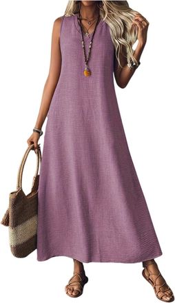 Generic Summer Beach Dresses for Women UK Lagenlook Black Linen Dress Casual Solid Color V Neck Sleeveless/Short Sleeve Flowy Cotton Maxi Shirt (Purple, M)
