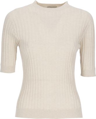 PESERICO Beige Ribbed Pattern Cotton Knit Top