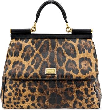 Dolce & Gabbana Miss Sicily Leopard Print Leather Brown Calfskin Handbag (Pre-Owned)