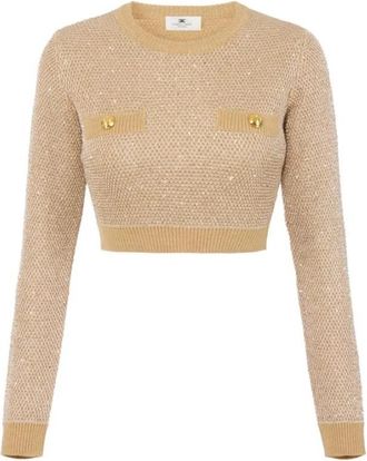 Elisabetta Franchi Gebreide Top met Pailletten - Dames - Ronde hals truien - Geel - S - Pailletten - Truien & Vesten