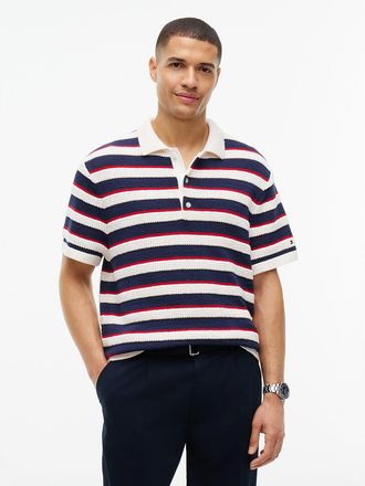 Tommy Hilfiger Mens Short-Sleeve Striped Sweater Polo - Ivory Petal - XL