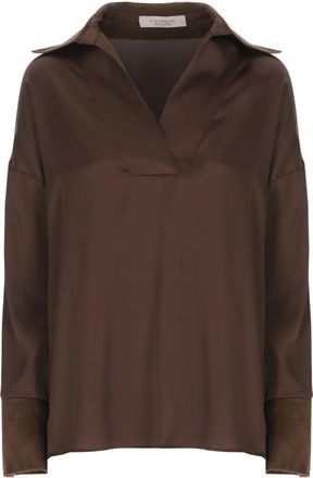 D.exterior Brown Velvet Collar Satin Blouse