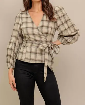 Flying Tomato Plaid Flannel Wrap Blouse In Taupe