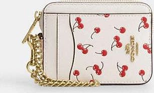 Coach Womens Zip Card Case With Cherry Print in White | Leather