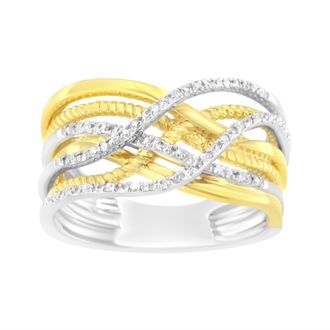 House of Brilliance 10K Yellow Gold Plated.925 Sterling Silver 1/10 Cttw Diamond Multi Row Crossover Ring Band