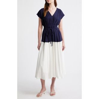 ZOE AND CLAIRE Colorblock Pleat Tie Belt Dress in Navy at Nordstrom, Size X-Large
