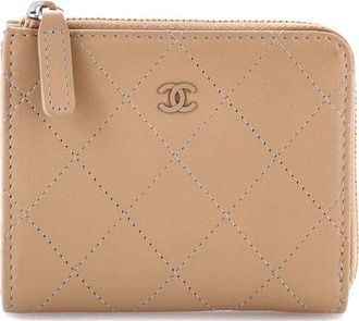 Chanel Beige Quilted Leather Monochrome CC Zip Wallet Compact (Authentic Pre- Loved)