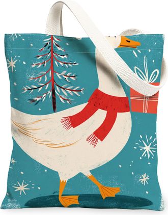 Generic Winter Goose Canvas Tote Bags, Bird Pattern Reusable Grocery Bags, Vintage Festive Lightweight Washable Shoulder Strap Canv, Blue, 13x15 Inch
