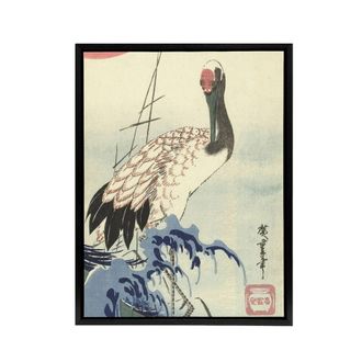 Artery8 Hiroshige Crane & Surf Wave Framed Canvas Japanese Wall Art Print in Blue | Size: W24 x H32
