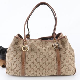 Gucci Brown Leather Canvas Handbag Shoulder Bag Tote Bag (Pre-Owned)