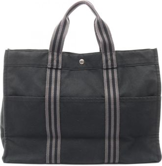 Herm&egrave;s Black Gray Canvas Handbag Tote Bag (Pre-Owned)
