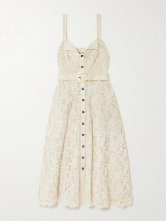 Saloni Abito Midi In Pizzo Sangallo Di Cotone Con Cintura Fara - Crema