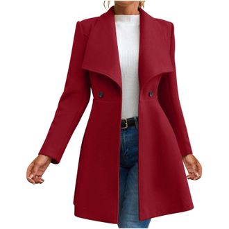 Generic Women Wool Blend Coat Slim Fit Elegant Trench Coats Ladies Windproof Jackets Open Front Cardigans with 2 Buttons Lapel Warm Winter Jacket, Solid Color